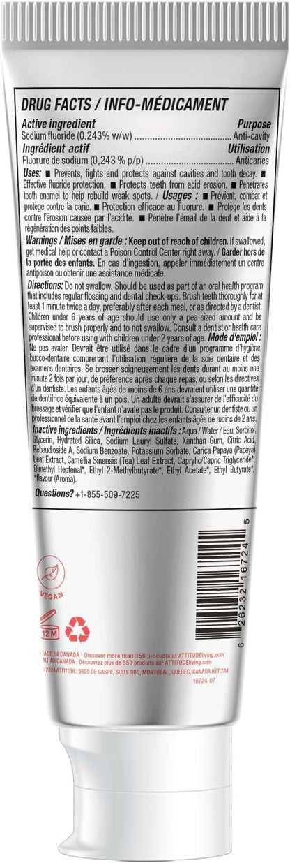 ATTITUDE Toothpaste with Fluoride, Prevents Tooth Decay and Cavities, Vegan, Cruelty-Free and Sugar-Free, Watermelon, 4.2 Oz
