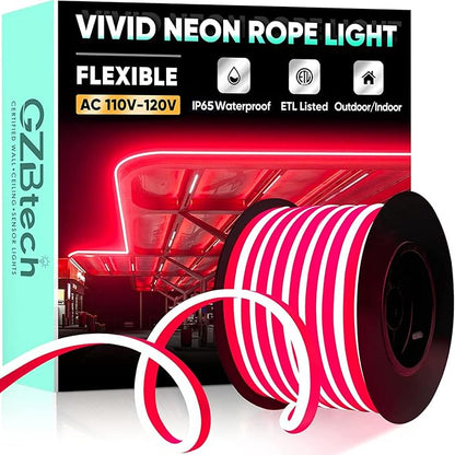 GZBtech Flexible LED Neon Rope Lights 66FT,AC 110-120V Waterproof Strip Light, 120 LEDs/M Cuttable Connectable Neon Lighting for Indoor Outdoor Home Decor/Commercial Building Use-Red 20M