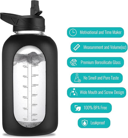 64 oz Glass Water Bottle With Straw and Handle, Half Gallon Sports Motivational Water Jug Flask with Silicone Sleeve, Large Water Cup with Time Marker for Travel, Gym, Dark Blue