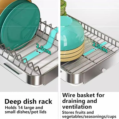 Dish Drying Rack with Drain Board - Rustproof Stainless Steel Dish Rack with Utensil Holder,Dish Racks for Kitchen Counter Over Sink,Over-Sink Drying Rack(Countertop,Second Floor)