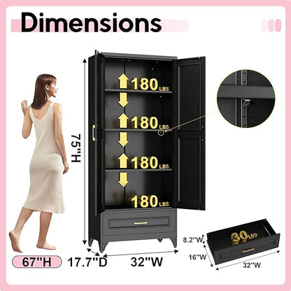 Pantry Kitchen Cabinet with Drawer, 75" Tall Pantry Storage Cabinet, Metal Storage Cabinets with Doors and Shelves, Large Freestanding Cupboard for Dining Room, Assembly Required, Black
