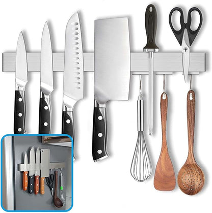 16 Inch Magnetic Knife Holder for Refrigerator - Knife Magnetic Strip for Fridge with Magnetic Hooks - Double Sided Magnetic Knife Bar - Stainless Steel Kitchen Magnetic Knife Hanger Rack