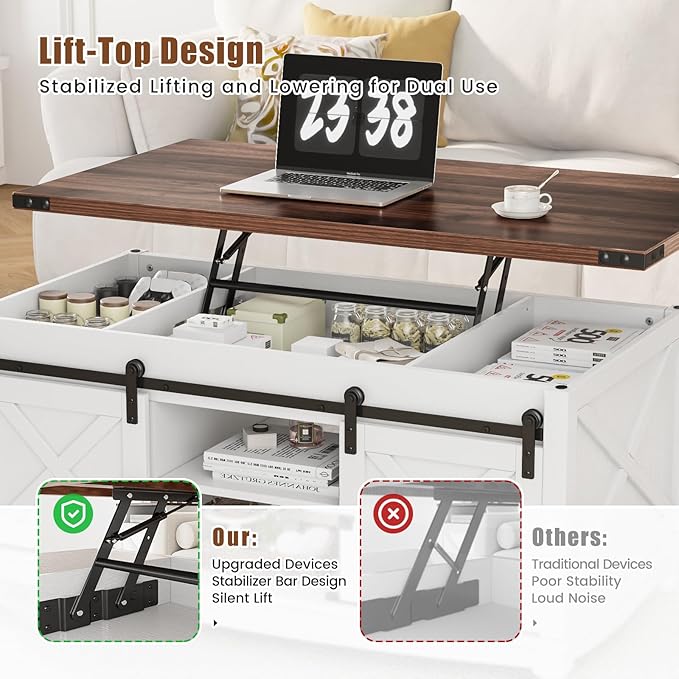 48" Farmhouse Lift Top Coffee Table with Storage Sliding Barn Door & Large Hidden Compartment, Coffee Table with Lifting Top with Wooden Lift Tabletop, Coffee Tables for Living Room, White