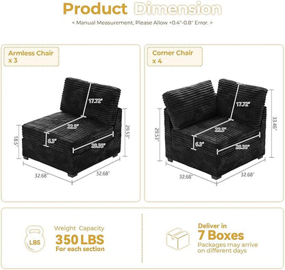 HOOOWOOO Modular Sectional Sofa,7 Pieces Sectional Couches for Living Room,131X98 U Shaped Cloud Couch Set(Black Velvet Corduroy)