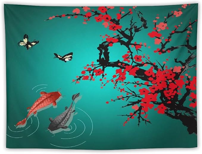 Japanese Koi Fish Tapestry, Cherry Blossoms Asian Oriental Green Teal Floral Branch Koi Fish Carp Tapestries Wall Hanging for Bedroom Living Room Office Decor 40"x30"