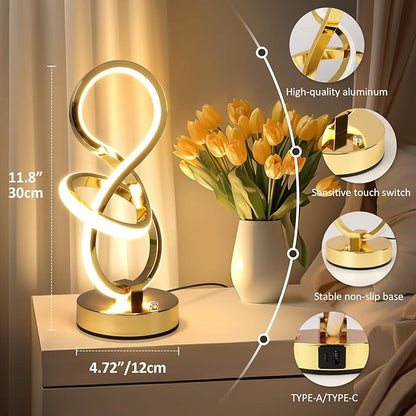 Modern Spiral Table Lamp, 7 Colors 10 Light Modes LED Nightstand Small Lamp with USB C+A Ports, Touch Dimmable Lamps for Living Room Bedroom Bedside, Unique & Cool Lamps,Gold