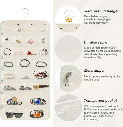 Freegrace Hanging Jewelry Organizer Revolving Hanger - Secure Zipper Closure - 25 Pockets,23 Hooks - Foldable Storage & Display Solution - For All Jewelry & Bijoux (Beige)