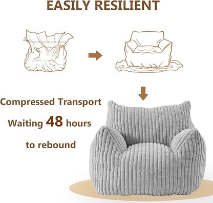 Giant Bean Bag Chairs for Adults Teens, Large Bean Bag Sofa Chairs with Filling Comfy Fuzzy BeanBag Chair with Armrests for Bedroom Living Room Reading (Light Gray, Large)