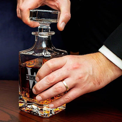 Personalized Bourbon Decanter Set with 4 Glasses by HomeWetBar - Custom Wood Gift Box