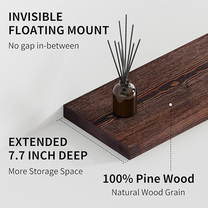 SAUMONIERES Floating Shelves 8 Inch Deep Solid Wood Wide Wall Shelf Set of 2 Wall Mounted for Bedroom Bathroom Living Room Kitchen, 24 Inch Walnut