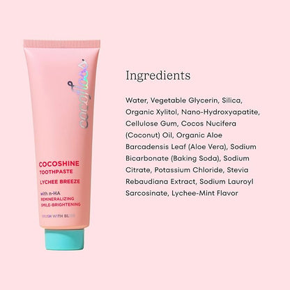 Cocofloss Cocoshine Whitening Toothpaste, Remineralize & Repair Sensitive Teeth, Fluoride-Free with n-HA, Kid-Friendly, Lychee Breeze, 3.4 oz