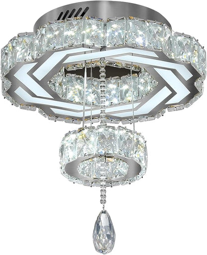 Flashing God Small Crystal Chandeliers Dia 12" Silver Chandelier Flush Mount Ceiling Light for Bedroom Living Room Dining Room Hallway Dimmable 3 Rings LED Celing Lighting Fixtures