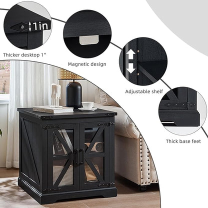 24" End Table Set of 2 with Charging Station, Farmhouse Night Stand with Glass Barn Door, Nightstands with Adjustable Storage Shelf, Large Wood Square Bed Side Table for Living Room,Bedroom