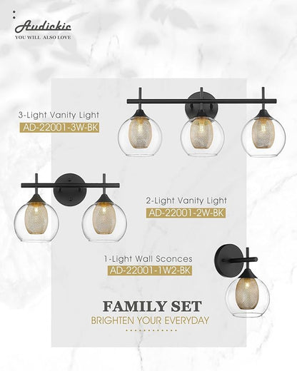 Black and Gold Bathroom Light Fixture, Farmhouse Wall Sconce Lighting with Clear Glass and Honeycomb Metal Shade, 2-Light Black Brass Vanity Light Over Mirror, AD-22001-2W-BK