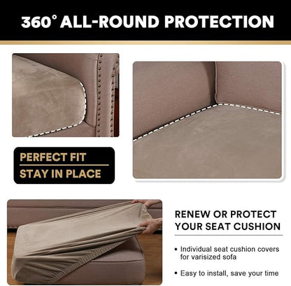 PrinceDeco Velvet Couch Cushion Cover Soft Stretch Cushion Slipcover for Chair Loveseat Sofa Cushion Furniture Protector Seat Cushion Sofa Cover (2 Piece Large Sofa Cushion Covers, Taupe)