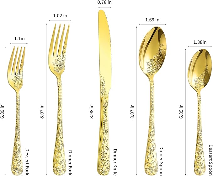 Floral 20 Pcs Gold Silverware Set for 4, Food Grade Stainless Steel Flatware Set with Rose Flower Embossed Design, Eating Utensils Sets Include Fork/Knife/Spoon, Reusable Cutlery Set, Dishwasher Safe