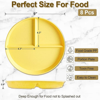Divided Plates for Adults (8 Packs), Unbreakable Portion Control Plate Sectioned with Dividers, 9 Inch Plastic Food Separator Dinner Plates Lightweight Compartment BPA Free Reusable Microwave Safe
