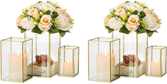 Glass Hurricane Candle Holder Large - Hewory 6pcs Gold Rectangle Flower Holders Centerpiece for Table, Tall Floor Square Pillar Candle Lantern for Wedding, Anniversary, Party, Fireplace, Dining Room