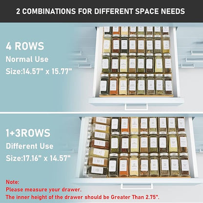 Spice Drawer Organizer with 28 Spice Jars,216 Labels,25 Non-slip Rubber, Bamboo 4 Tier Seasoning Rack Tray Insert for Kitchen Drawers,Cabinets,Countertop,14.6" Wide x 15.8" Deep