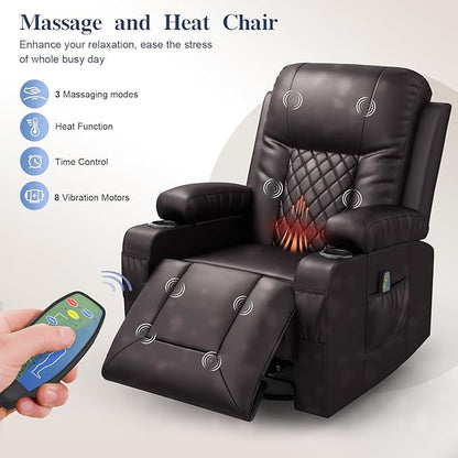 Recliner Chairs for Adults, FSC Certified Massage Rocker with Heated Modern Ergonomic Lounge 360 Degree Swivel Single Sofa Seat Living Room Lounge Recliners Brown