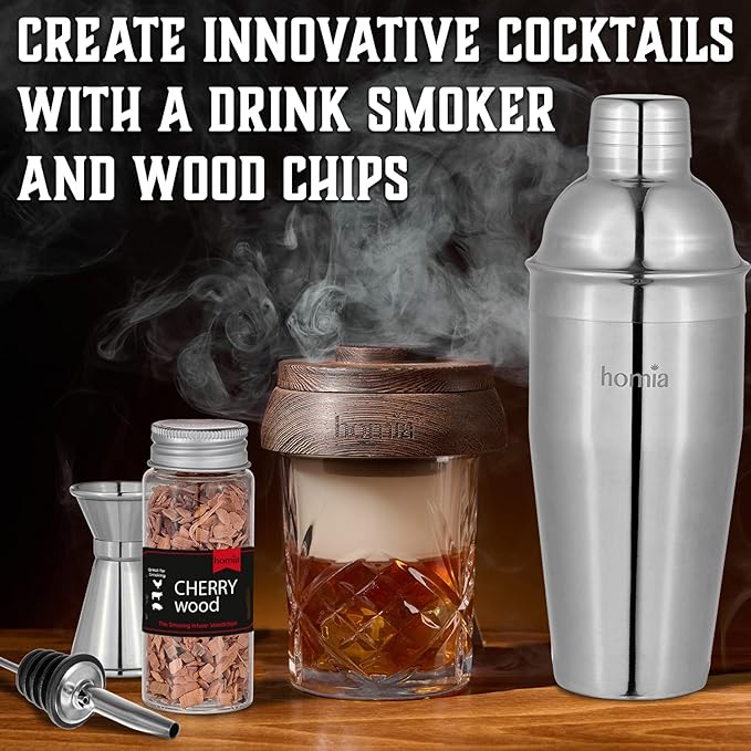 Bartender Kit with Whiskey Smoker - 13 pcs, Bamboo Stand - Bar Set with Cocktail Shaker, Bartending Kit with Essential Bar Accessory Tools, Wood Chips, Steel