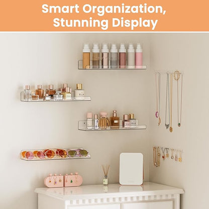 upsimples 4 Pack Acrylic Shelves for Wall Storage, 15" Floating Bookshelves for Kids, Display Shelf Organizer for Bathroom, Bedroom, Living Room, Kitchen, Room Decor, Clear