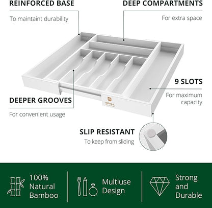 ROYAL CRAFT WOOD Luxury Bamboo Kitchen Drawer Organizer - Silverware Organizer - Utensil Holder and Cutlery Tray with Grooved Drawer Dividers for Flatware and Kitchen Utensils (9 Slot, White)