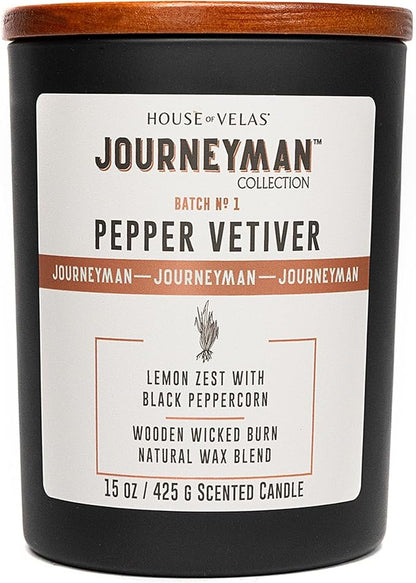 Journeyman Collection Candle, 15oz, Wooden Wick, Pepper Vetiver, Large Painted Jar