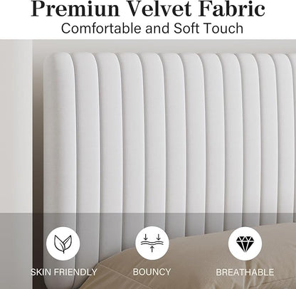 Twin Bed Frame, Velvet Upholstered Platform Bed with Vertical Channel Tufted Headboard and Footboard, No Box Spring Required, Easy Assembly, White