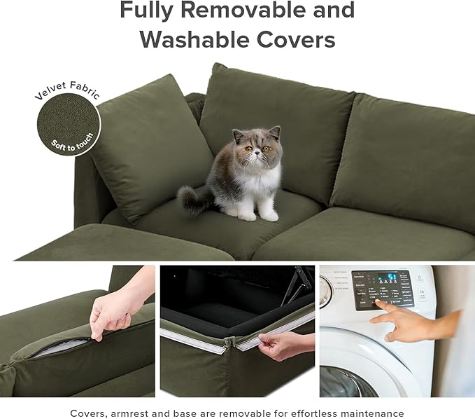 mopio Oversized Modular Sectional Sofa with Fully Removable Covers and Storage, Convertible U, L-Shaped and Sleeper Sectional, Modern Couches with Ottoman Chaise (Olive Green Velvet, Loveseat)