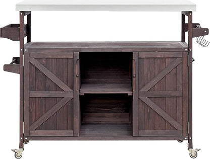 Farmhouse Solid Wood Grill Table with Stainless Steel Top, Outdoor Rolling Bar Cart & Storage Cabinet with Spice & Towel Rack, Outdoor Kitchen Island with Internal Storage Rack, Dark Brown
