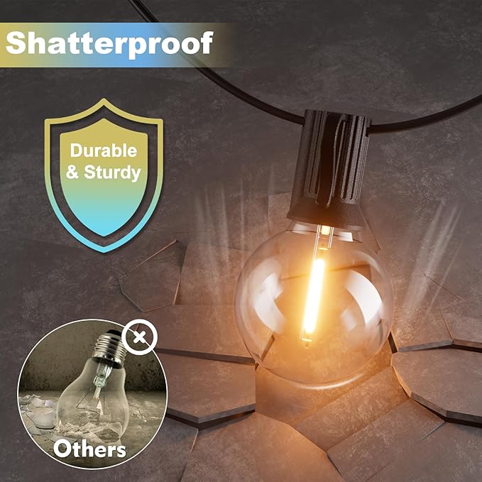 Bomcosy Outdoor String Lights,25 FT LED String Lights for Outside with Shatterproof Dimmable 12+1 Bulbs,Waterproof Connectable Outdoor Lights for Deck,Garden,Backyard,Balcony,Porch,Patio