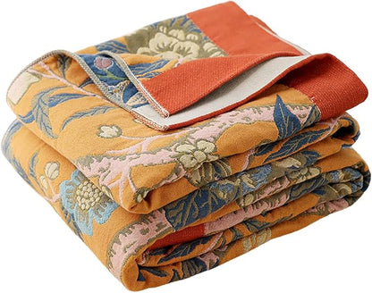 Boho Muslin Blanket for Adults 4-Layer Gauze 80 x 90 Inches Soft Cozy 100% Cotton Summer Cooling Blanket Floral Decor for Sofa Bed Coverlet Both Sides (Flowr Branch Orange, 80 x 90 in)