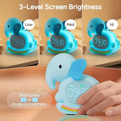 Alarm Clock for Kids with Night Light, Sleep Training Clock Time to Wake Clock, Rechargeable Silicone Light for Bedroom, Perfect Sleep Companion for Boys Girls，Blue Elephant