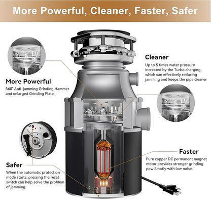 Trifecte Garbage Disposals with Power Cord, Coutinuous Feed Food Waste Disposal with Sound Reduction (EM 200)