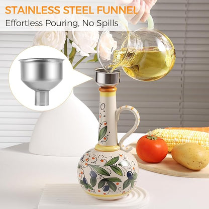 Ceramic Olive Oil Dispenser Bottle 23oz with Handles, Hand Painted Multi-Use Oil Cruet & Flower Vase, Decorative Stoneware Kitchen Cruet with Stainless Steel Spout for Oils, Sauces, Vinegar (B)