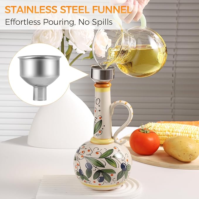 Ceramic Olive Oil Dispenser Bottle 23oz with Handles, Hand Painted Multi-Use Oil Cruet & Flower Vase, Decorative Stoneware Kitchen Cruet with Stainless Steel Spout for Oils, Sauces, Vinegar (C)