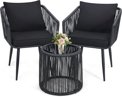 Kromax 3 Pieces Patio Rattan Bistro Conversation Set, Outdoor All-Weather Wicker Furniture Chairs and Side Table Set Ideal for Balcony, Porch and Backyard, Black