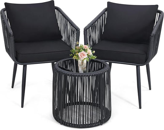 Kromax 3 Pieces Patio Rattan Bistro Conversation Set, Outdoor All-Weather Wicker Furniture Chairs and Side Table Set Ideal for Balcony, Porch and Backyard, Black