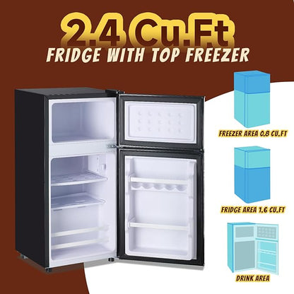 2.4 Cu.ft Mini Fridge Small Refrigerator with Freezer Dual Door Dorm Fridge for Personal Senven Temp Gear Suit for Apartment, Bedroom, Rv Silver
