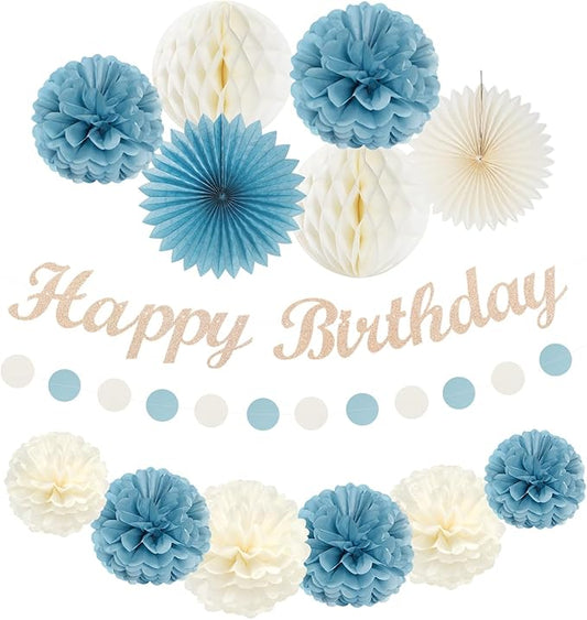 Dusty-Blue White Birthday Party-Decorations Paper-Flowers - 14pcs Happy Banner Boy Lanterns Tissue Pom Poms,Men Streamers Garland Fans Honeycomb,Baby Teen Male Kids Hanging Supplies Decor Hugfond