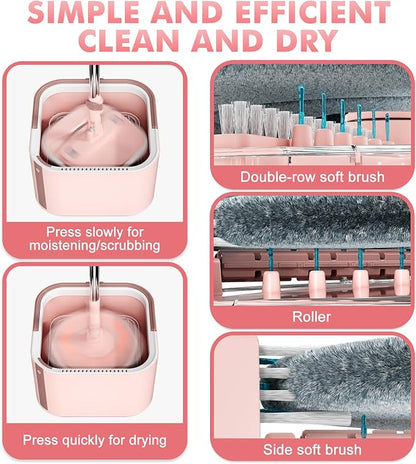Upgraded Spin Mop and Bucket Set Self-Standing Mop Bucket Separate Dirty and Clean Water System Self Wringing 360° Rotating 90° Foldabl Mops and Buckets for Floor Cleaning (Pink, 6Pads)