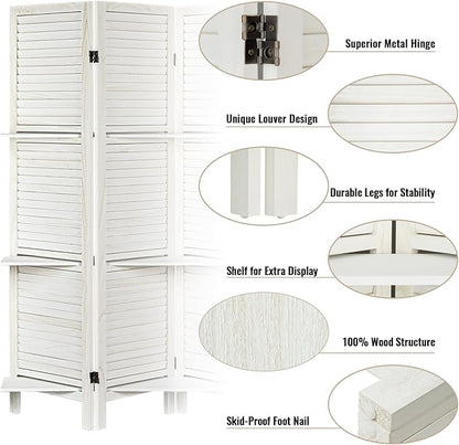 Room Divider with Shelves, Privacy Screen, Room Dividers and Folding Privacy Screens, 6 Panel Wood Temporary Wall Partition Separation Separator, White
