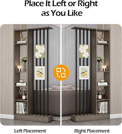 Wall Room Divider, Storage Cabinet Storage Display with Shelves, Modern Freestanding Wood Room Divider Screen, Wall Privacy Screens for Home Decorative (Grey Oak+Black,39.5" L x 9.5" W x 79.5" H)