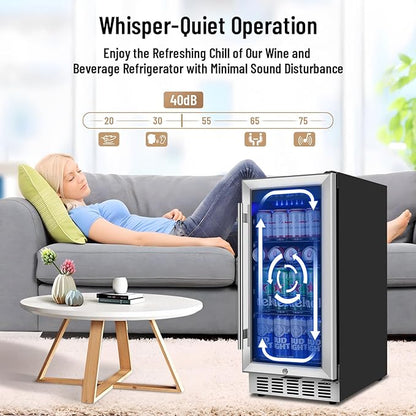 15 Inch Beverage Refrigerator, 130 Can Capacity Under Counter Fridge with Lock & Glass Door, Quiet Built-in or Freestanding Beer Cooler, Powerful Compressor for Fast Cooling