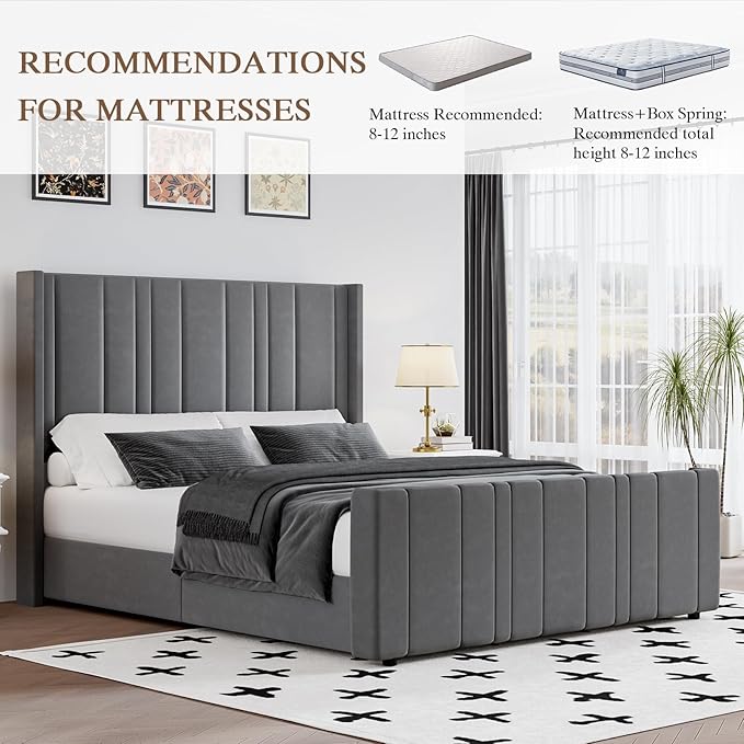 HOMBCK Queen Bed Frame Upholstered Bed with Velvet Headboard & Footboard, Vertical Channel Tufted Design/Wooden Slats/Noise Free/No Box Spring Needed/Easy Assembly, Grey