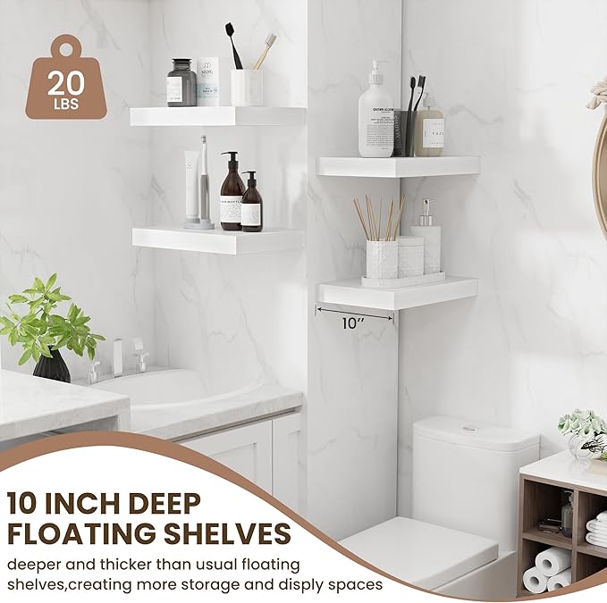 Fun Memories Wood Floating Shelves 16 Inch, 10 Inch Deep Shelves Wall Mount, Wall Shelves with Invisible Bracket, 16" Floating Shelves for Living Room Bathroom Bedroom, White, Set of 2