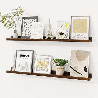 Picture Ledge Shelf, Solid Pine Wood Floating Shelves Set of 2, 32 Inches Nursery Book Shelves for Toys Storage, Kids Bookshelf Wall Mounted for Living Room Bedroom Decor Books Photo Frames, Walnut