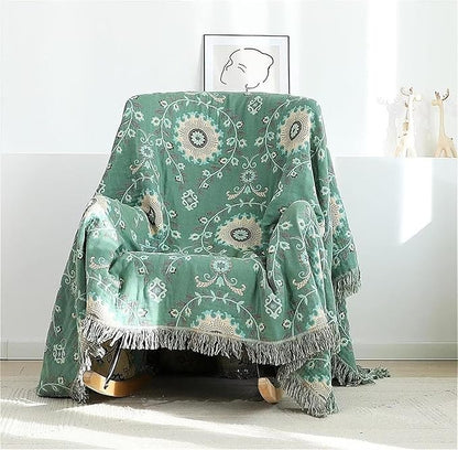 MSGKV Green Boho Throw Blanket for Bed Couch,100% Cotton Mexican Picnic Blankets Travel Blanket 80''x 90'', Super Soft Lightweight Muslin Blanket for Bedroom Living Room Boho Decor