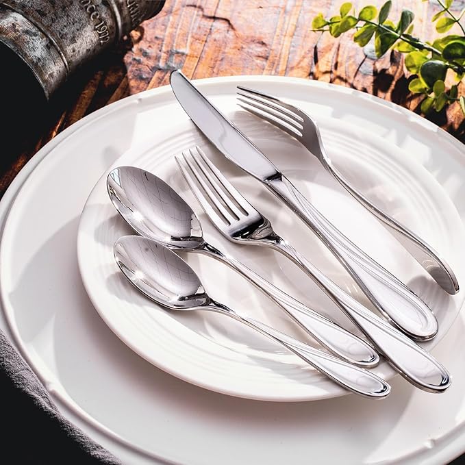 HIKAA Wave Design Silverware Set Service for 6, 30-Piece Artistic Stainless Steel Flatware Set with Fibonacci Pattern, Heavy Duty Mirror Polished Cutlery Set